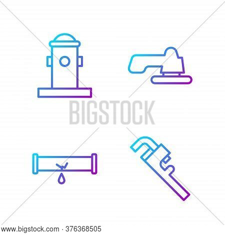 Set Line Pipe Adjustable Wrench, Broken Pipe With Leaking Water, Fire Hydrant And Water Tap. Gradien