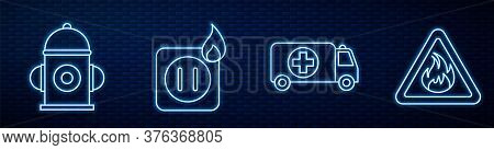 Set Line Ambulance And Emergency Car, Fire Hydrant, Electric Wiring Of Socket In Fire And Fire Flame