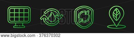 Set Line Recycle Symbol Inside Shield, Solar Energy Panel, Recycle Clean Aqua And Location With Leaf