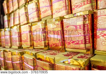Nantou, Taiwan - September 27th, 2019: chinese joss gold papers at Zi Nan Temple, Nantou, Taiwan, Asia