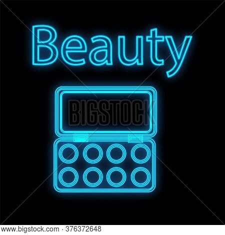 Palette For Applying Makeup On Blue Eyes, Neon On A Black Background. Makeup Beauty Tool. Eye Shadow