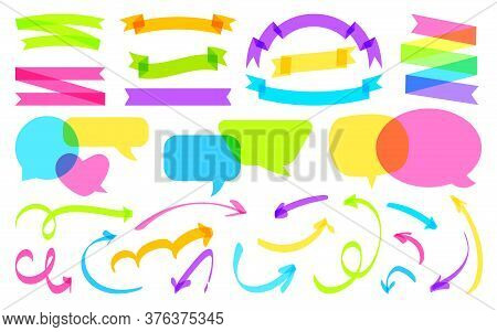 Overlapping Color Comic Speech Bubble, Ribbon, Arrow Set. Colorful Overprint Banner. Hand Drawn High
