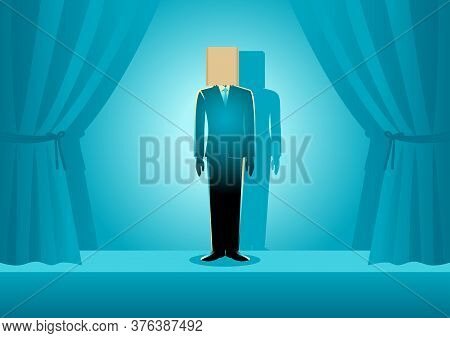 Business Concept Illustration Of A Businessman Wearing Paper Bag On His Head On The Stage, Embarrass