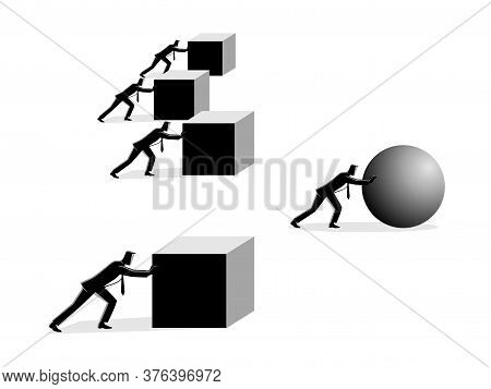 Business Concept Vector Illustration Of A Businessman Pushing A Sphere Leading The Race Against A Gr