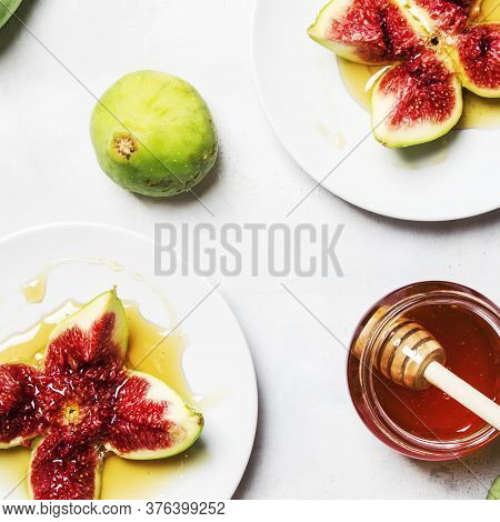 Sweet Fresh Green Figs With Honey, Summer Dessert, Gray Stone Background, Top View