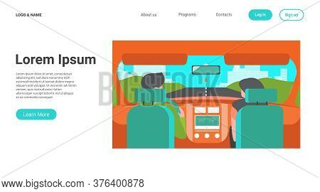 Couple Riding Vehicle. Back View Of Driver And Passenger Inside Car Interior. View From Backseat. Ve