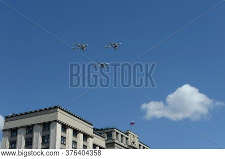 Moscow, Russia - June 24, 2020:a Group Of Tu-95ms Turboprop Strategic Bombers In The Sky Over Moscow