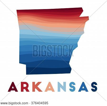 Arkansas Map. Map Of The Us State With Beautiful Geometric Waves In Red Blue Colors. Vivid Arkansas