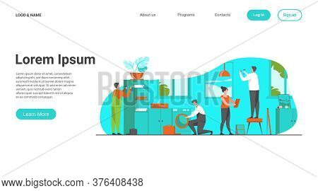 Handyman Working At Customer Home. Repair Man Fixing Washing Machine, Hammering Nails. Vector Illust
