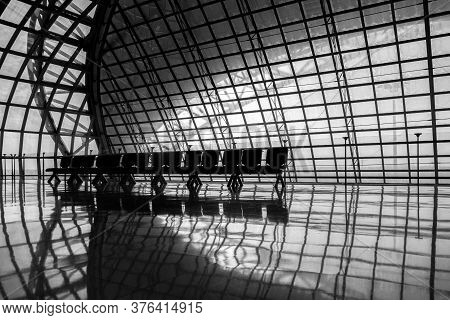 Silhouette Metal Structure Of Modern Building Architecture And Empty Waiting Chairs Similar Spaceshi