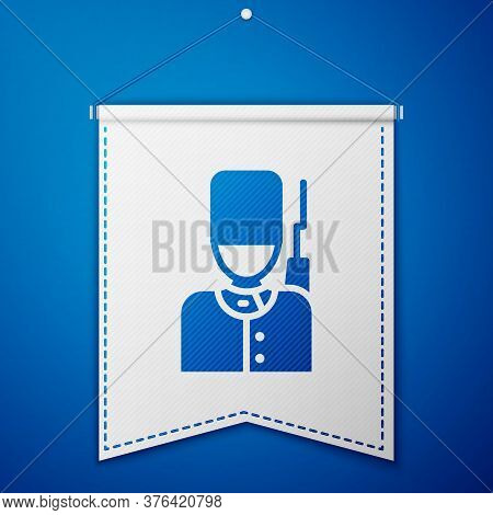 Blue British Guardsman With Bearskin Hat Marching Icon Isolated On Blue Background. White Pennant Te