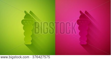 Paper Cut Larva Insect Icon Isolated On Green And Pink Background. Paper Art Style. Vector