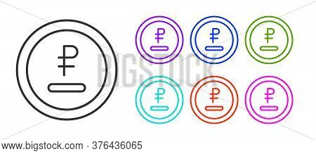 Black Line Rouble, Ruble Currency Coin Icon Isolated On White Background. Russian Symbol. Set Icons 