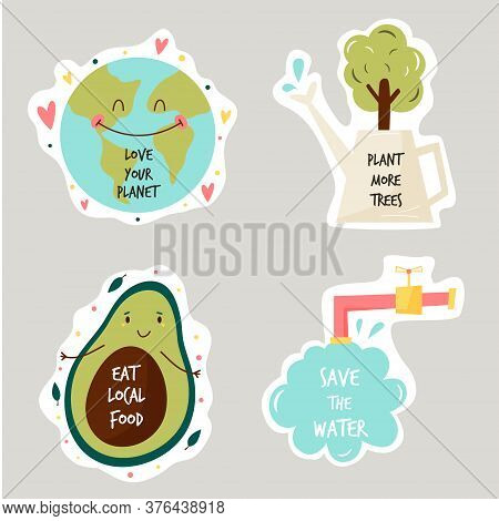 Set Of Colorful Stickers With Eco Friendly Slogans And Illustrations.
