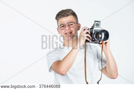 Need Closer Look. Travel Photo Concept. Boy In Casual Wear With Vintage Photo Camera. Retro Photogra