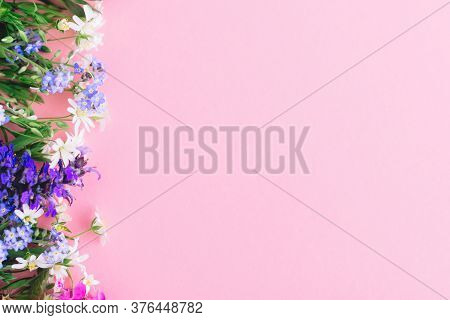 Wildflowers Colorful Border On Pink Paper Background, Flat Lay With Space For Text. Blooming Spring