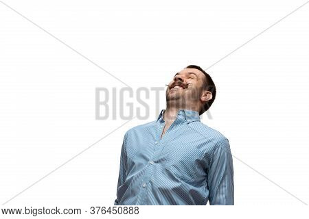 Lol, Lmao. Young Man With Funny, Unusual Popular Emotions And Gestures Isolated On White Studio Back