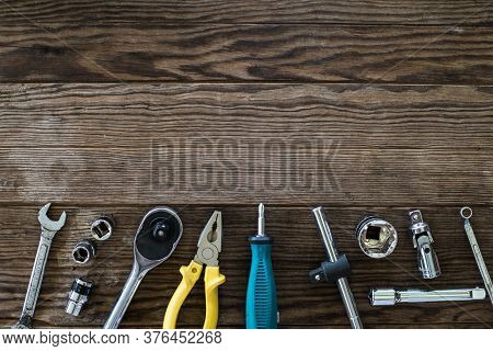 Mechanic Tool Placed On Old Wooden Table, Copy-space