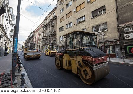 Belgrade, Serbia - July 24, 2018: Road Roller, Small Model, On Display During A Road Renovation In B