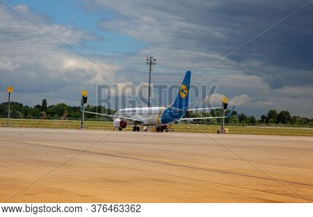 Ukraine, Kyiv - July 8, 2020: Passenger Aircraft Uia Airlenes. Boryspil International Airport. Many 