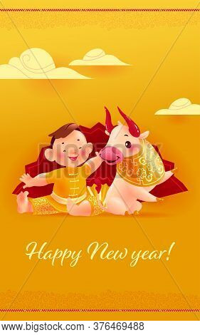 Chinese New Year Congratulation Card, Invitation, Calendar Design With Oriental Animal Bull Mascot A