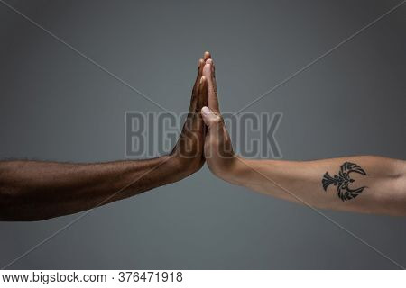 Greeting Clapping. Racial Tolerance. Respect Social Unity. African And Caucasian Hands Gesturing On 