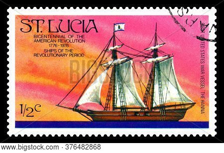 Stavropol, Russia - July 15. 2020: A Stamp Printed In St.  Lucia Showing Image Of The  War Vessel  