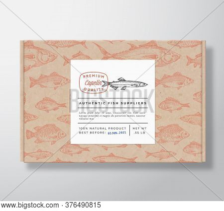 Fish Pattern Realistic Cardboard Box With Banner. Abstract Vector Packaging Design Or Label. Modern 