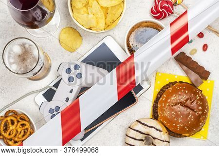 Dopamine Fasting Background. Life Without Social Media, Gadget And Food Detox Concept. Red And White