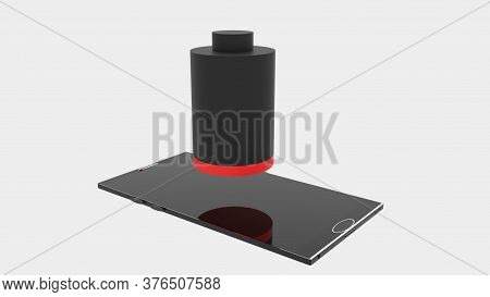 3d Rendering Of Black Smartphone With Black And Red Low Battery Icon Hovering Over It, All Floating 