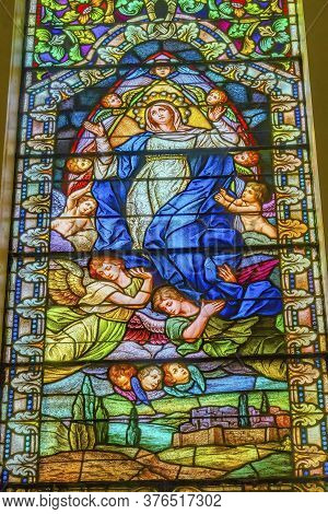 San Antonio, Texas - October 8, 2019 Virgin Mary Resurrection Stained Glass Basilica Saint Mary's Ca