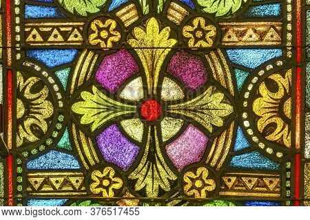 San Antonio, Texas - October 8, 2019 Symbol Patterns Stained Glass Saint Mary's Catholic Church San 