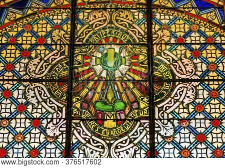 San Antonio, Texas - October 8, 2019 Symbol Patterns Stained Glass Saint Mary's Catholic Church San 
