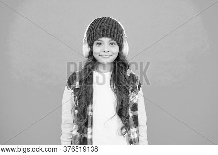 Smiling Teenager Listen Music In Headphones. Little Kid Casual Style. Autumn Mood Tune. Small Child 