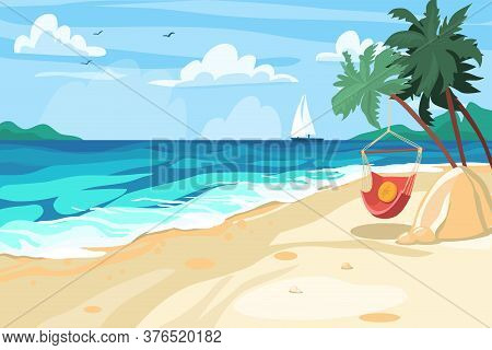 Beach, Seascape. Summer Holidays, Tourism, Postcard. Vector Stock Illustration. Bright. Flat Design.