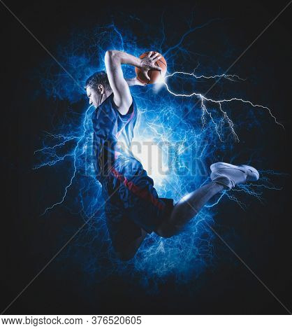 Basketball player players in action. Basketball concept on lightning background