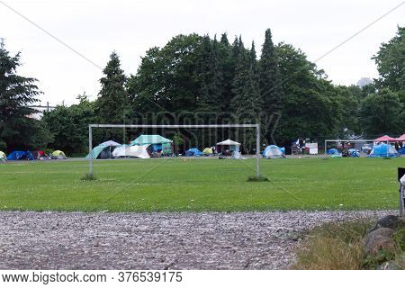 Vancouver, Canada - July 4,2020: View Of Strathcona Park In Downtown Vancouver Full Of Tents And Hom