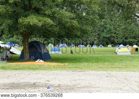 Vancouver, Canada - July 4,2020: View Of Strathcona Park In Downtown Vancouver Full Of Tents And Hom