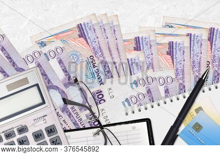 100 Philippine Piso Bills And Calculator With Glasses And Pen. Tax Payment Concept Or Investment Sol