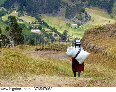 Cuenca, Ecuador - September 22, 2018: Ecuadorian Countryside, Azuay Province. Indigenous Village Wom