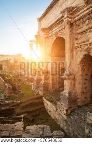 Photography Of The Roman Forums With The Settimio Severo's Arch, In Rome, Italy