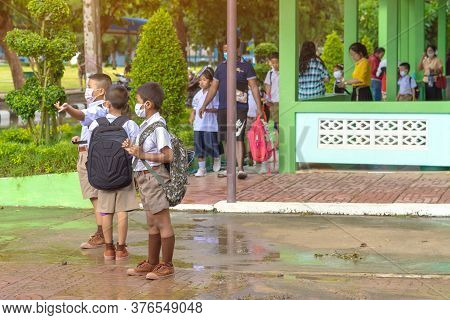 Kanchanaburi,thailand-july 2,2020:thai Students Wear Various Medical Masks To Prevent Themselves Fro