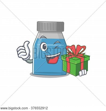 Syrup Medicine Cartoon Character Concept With A Big Gift Box