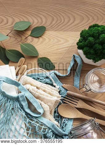 Cotton Bags, Net Bag With Reusable  Glass Jars And Bamboo Cutlery. Zero Waste Concept. Eco Friendly.