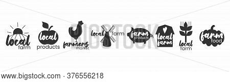 Fermers Products Icon Set. Local Food Simple Stamps Collection. Typographic Eco Farm Insignia In Mon