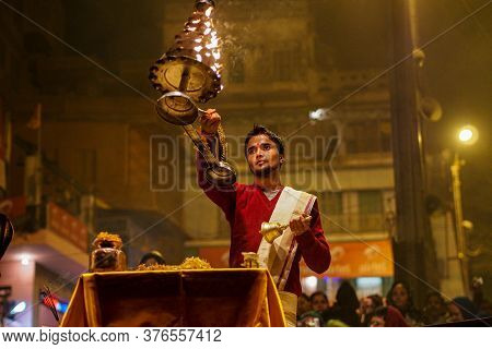 Varanasi, India - Dec 25, 2019: Ganga Aarti On The Dashashwamedh Ghat At Varanasi Uttar Pradesh Indi