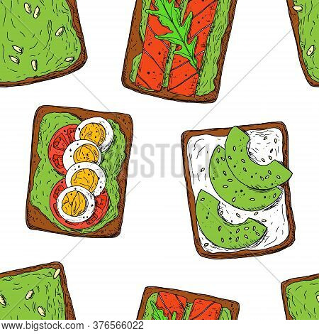 Seamless Pattern Of Avocado Toasts. Vector Background.