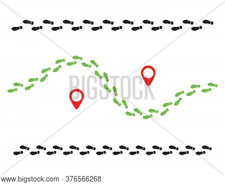Human Foot Prints Path With Tag Points. Traveler Man Boot Steps Tracking On Route Isolated On White 
