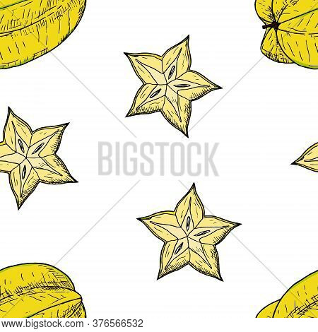 Seamless Pattern Of Whole Carambloa And Carambloa Slices. Vector.
