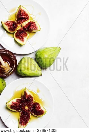 Sweet Fresh Green Figs With Honey, Summer Dessert, Gray Stone Background, Top View
